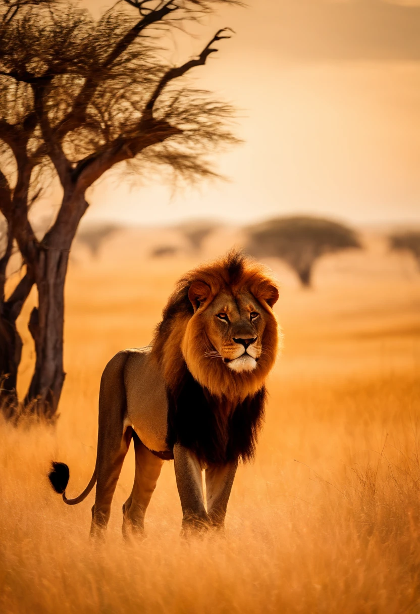 Ultra HD Cinematic image of a lion standing in a field with a tree in the background, on the plaines africaines, with the mane of'un lion, portrait d'un lion, savane africaine, Debout dans la savane, the mane of'un lion, plaines africaines, lion, Fond de safari, roi de la jungle, Lion's mane, paysage d'afrique, paysage majestueux