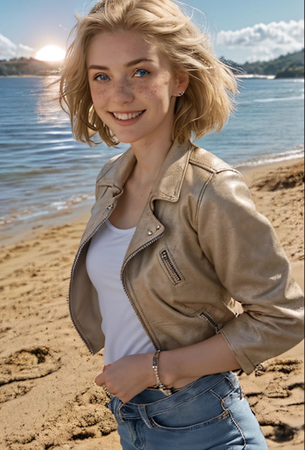 A 21-year-old girl named Kate with short blonde hair, beautiful medium-sized breasts, and a height of 1.60 meters. She has a British white style and light blue eyes. Kate is beautiful, with an angelic face and freckles around her nose. She is wearing a beige women's leather jacket with a white shirt, very light jeans, and white sneakers. Kate is at the beach, shown in a side portrait smiling, with the sea in the background on a beautiful day with a cinematic sunset.