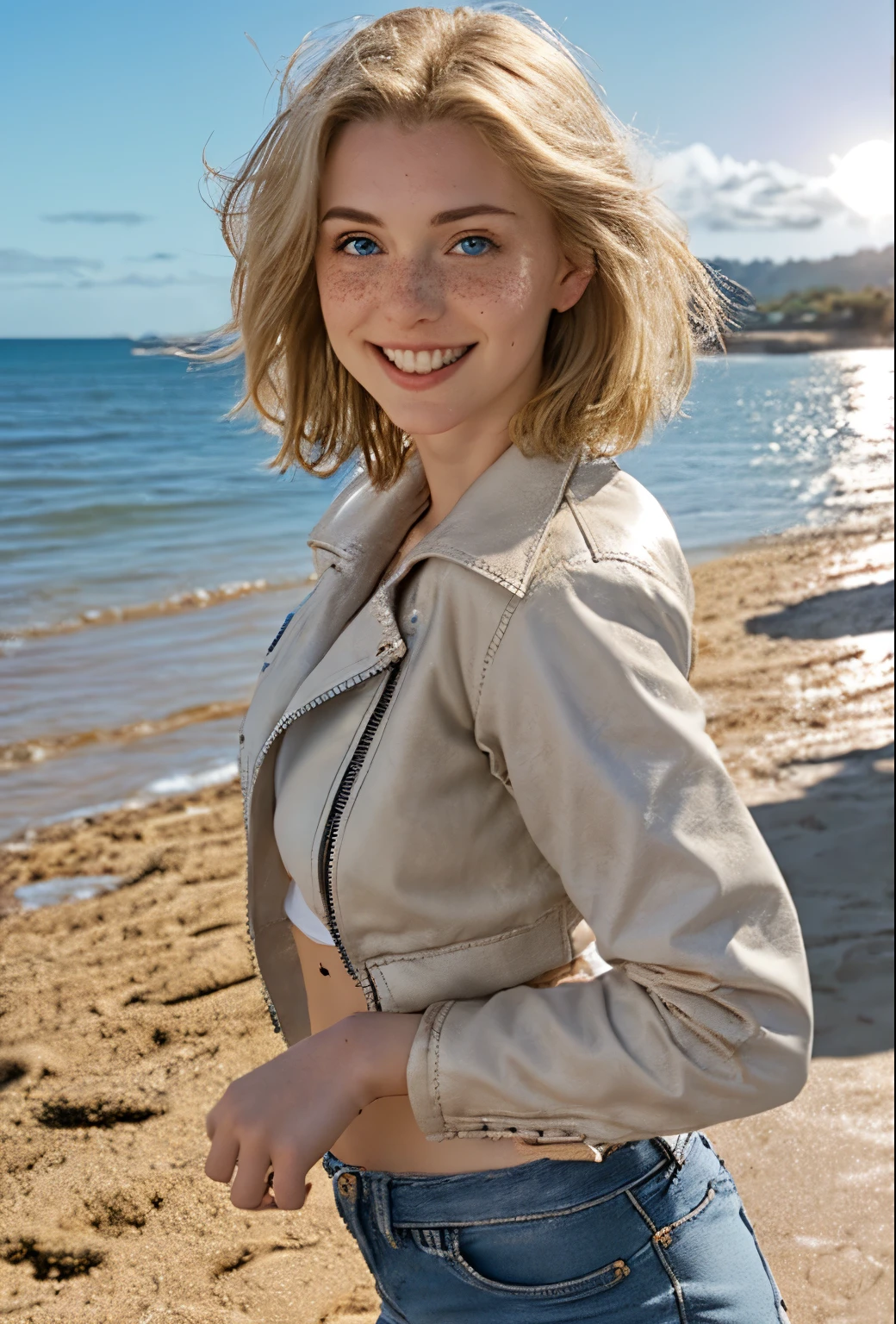 A 21-year-old girl named Kate with short blonde hair, beautiful medium-sized breasts, and a height of 1.60 meters. She has a British white style and light blue eyes. Kate is beautiful, with an angelic face and freckles around her nose. She is wearing a beige women's leather jacket with a white shirt, very light jeans, and white sneakers. Kate is at the beach, shown in a side portrait smiling, with the sea in the background on a cloudy day with a few rays of sunlight.