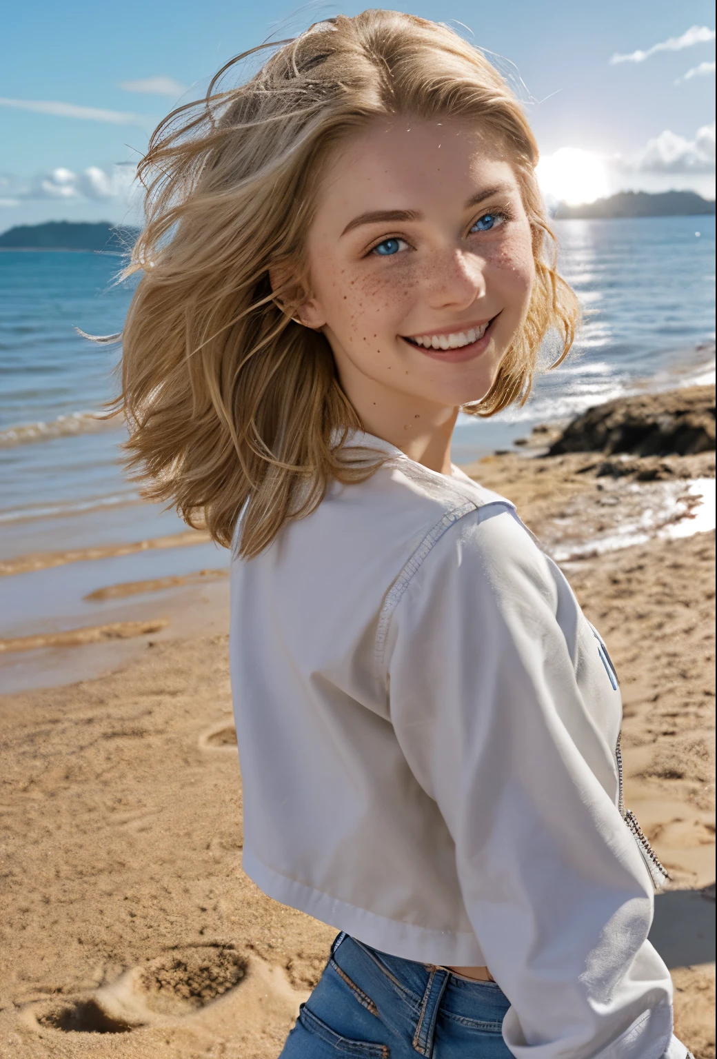 A 21-year-old girl named Kate with short blonde hair, beautiful medium-sized breasts, and a height of 1.60 meters. She has a British white style and light blue eyes. Kate is beautiful, with an angelic face and freckles around her nose. She is wearing a beige women's leather jacket with a white shirt, very light jeans, and white sneakers. Kate is at the beach, shown in a side portrait smiling, with the sea in the background on a beautiful day with a cinematic sunset.