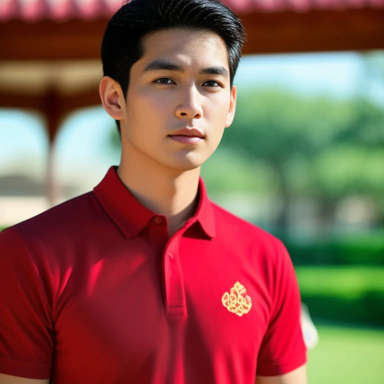 arafed man in a red shirt standing in front of a gazebo, Asian man, light stubble with red shirt, wearing a polo shirt, Heart emblem on the chest, Kaio Santos, red shirt, Wlop และ Ross Tran, Handsome Chad Chin, model, CCG artist, handsome man, Inspired by Randy Vargas, David Marquez, Profile picture, Damian Tran