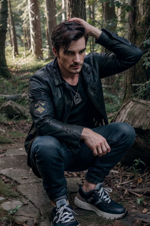 Colin O'Donoghue, Captain Killian, Teen Wolf, 30 years old, short and messy light black hair, blue eyes, black open military jacket, blue t-shirt with military print, brown jeans, brown sneakers, fox pendant, white wolf print. forest background fox aura around black color