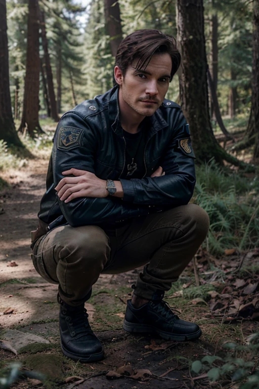 Colin O'Donoghue, Captain Killian, Wolf, 30 years old, short and messy light black hair, blue eyes, black open military jacket, blue t-shirt with military print, brown jeans, brown sneakers, fox pendant, white wolf print. forest background fox aura around black color