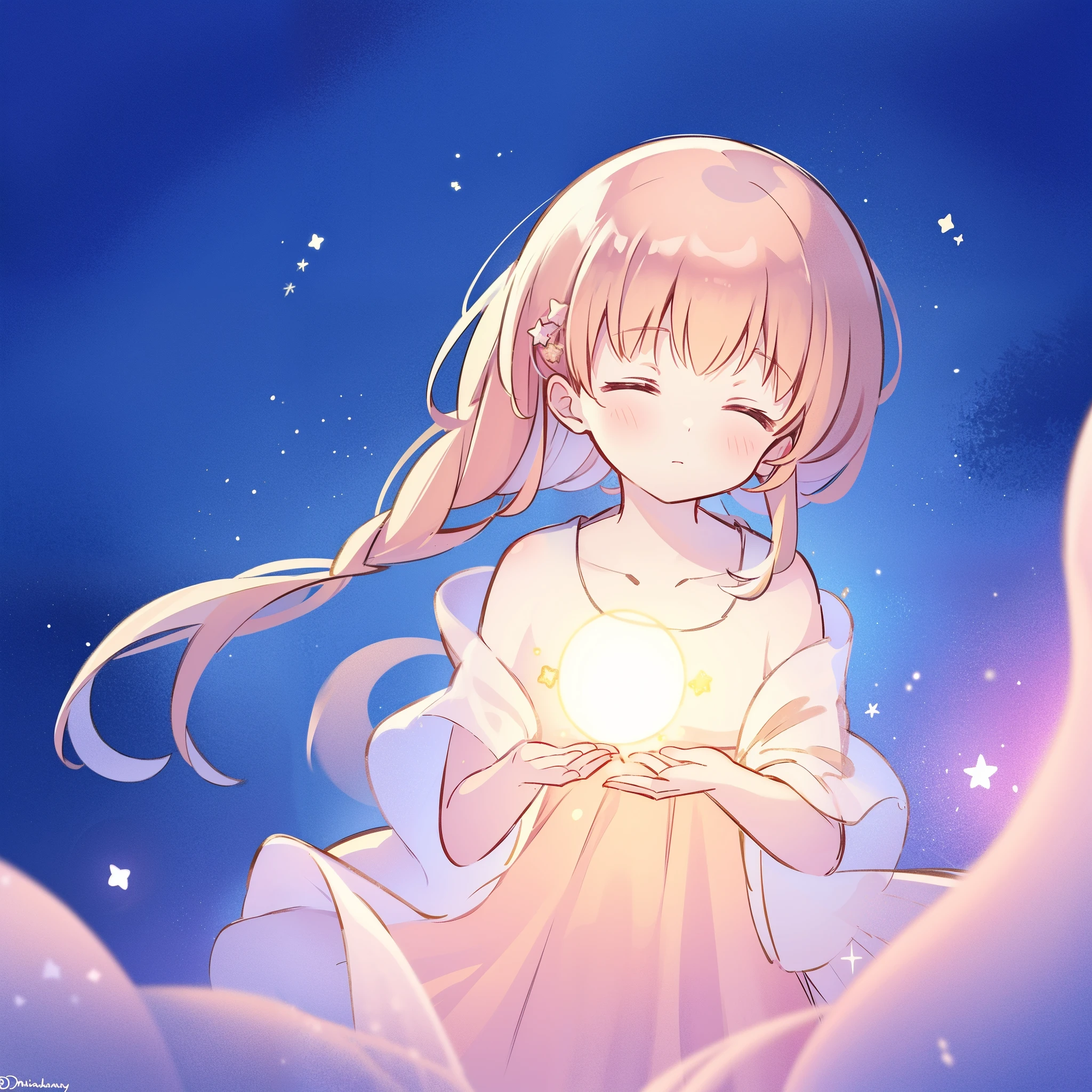 complex background, wishing star background, a woman wearing an ethereal mystical pink translucent dress that reflects the stars, dreamy, peaceful, serene composition, glowing stars, glowing, complex drawing, highly detailed, ethereal, starry night, midjourney style
