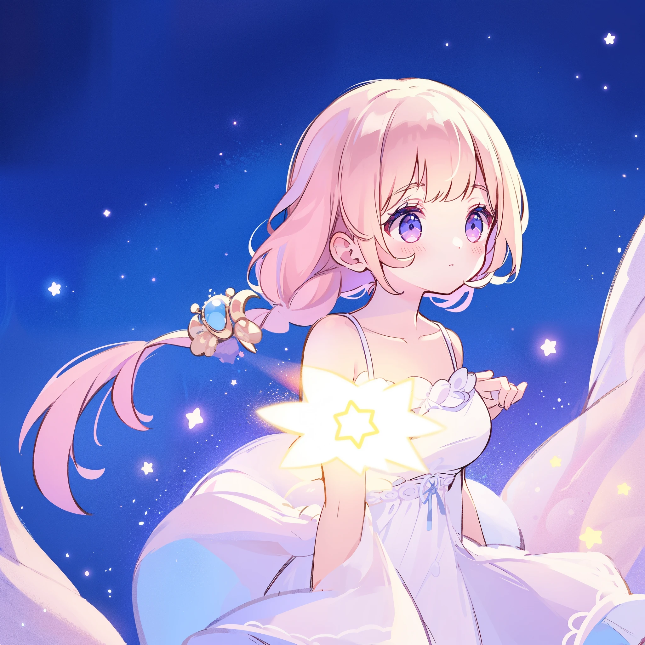 complex background, wishing star background, a woman wearing an ethereal mystical pink translucent dress that reflects the stars, dreamy, peaceful, serene composition, glowing stars, glowing, complex drawing, highly detailed, ethereal, starry night, midjourney style