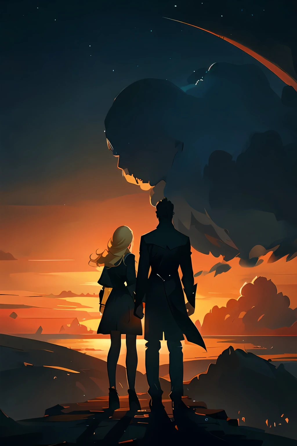 (1 dark man, 1 blonde girl), dawn sky background, masterpiece , Standing Back to Back, Brother and sister, Fantasy Characters