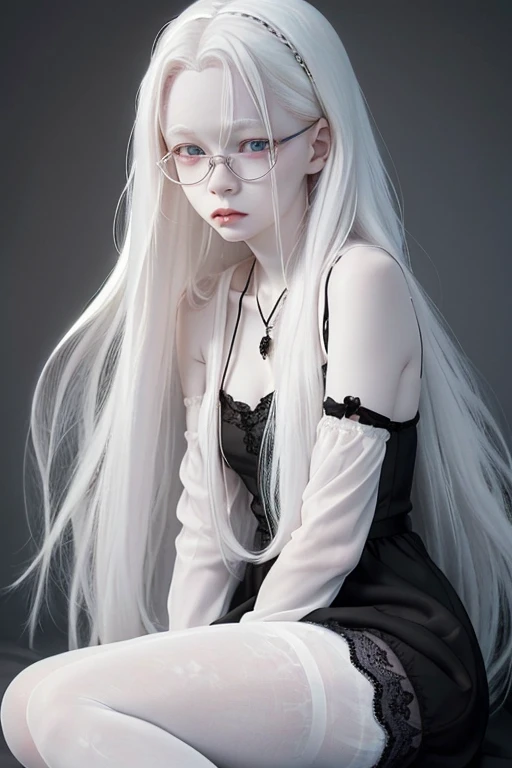 Cute 18 yo (albino:1.4)woman of Slavic descent.(short:1.1), long white hair, gray eyes, ((very pale:1.4)). Innocent look. Gentle spirit.(virgin), Eyeglasses, long sleeves, (blue lace top), ((black jeans)), black Mary Janes with straps.(joy)