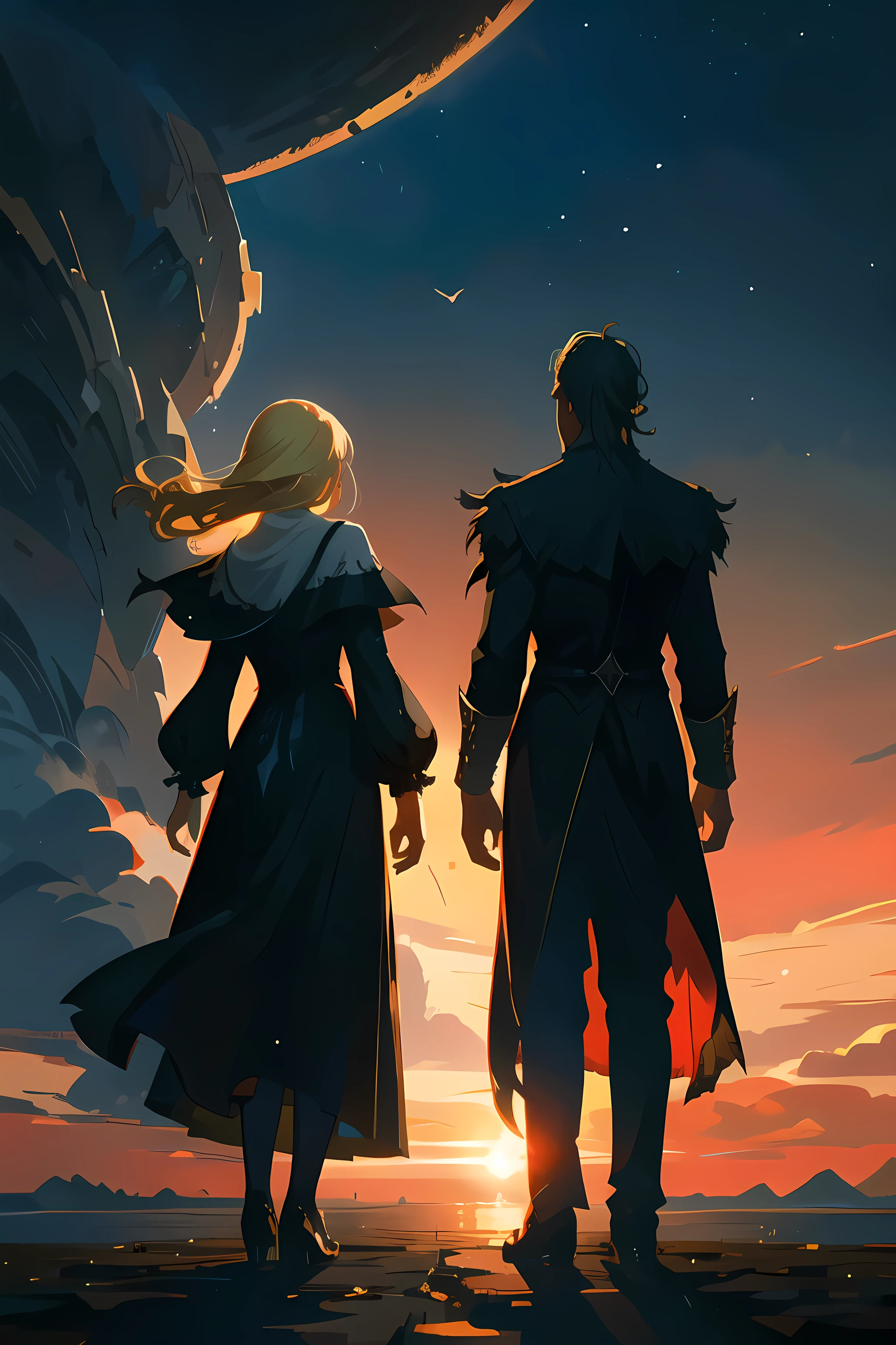 (1 dark man, 1 blonde girl), dawn sky background, masterpiece , Standing Back to Back, Brother and sister, Fantasy Characters