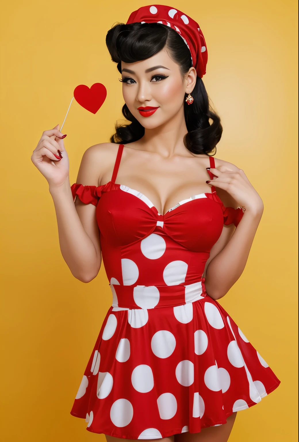 Full length photo of a girl, realistically depicting a 35-year-old woman as sexy Kazakh girl Korlan Madi and emotional. She has dark hair, one eye is closed creating a mysterious and sexy image. Model dressed in pin-up style with hair styled "victory rolls" dark hair and curly bangs. Her plump red lips make her look sexy. She has average breast size. She portrays an American housewife, posing in various sexual positions. Against a white background, she appears in a red retro dress with large polka dots with a fluffy, voluminous ballerina skirt. She has a red bandana on her head, and on her feet there are red stockings. The photo is made in pin-up style, emphasizing the retro-USA vibe. Her sexy look, she looks at me, and blows a kiss, give the photo a special charm. she is surprised, she flirts, her mouth is open, she laughs without makeup