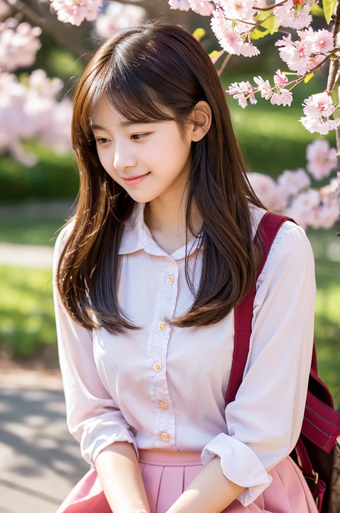 masutepiece, Best Quality, Illustration, Ultra-detailed, finely detail, hight resolution, 8K Wallpaper, Perfect dynamic composition, Beautiful detailed eyes, Natural Lip,a beauty girl、In the bright and refreshing spring sunshine、Imagine a female college student walking around campus.。.。.。She、She is wearing mini light pink skirt and a white lace blouse. one shirt button is missing。she . the hair flutters with the wind、々He is depicted having a conversation with.。The cherry blossoms on campus are in full bloom、Green tree on background々々々There is a bench where students can gather...。She is carrying a colorful backpack.、he has a notebook and a pencil in his hands.。Her figure is、Expressing the image of a typical female college student enjoying learning and free time.、