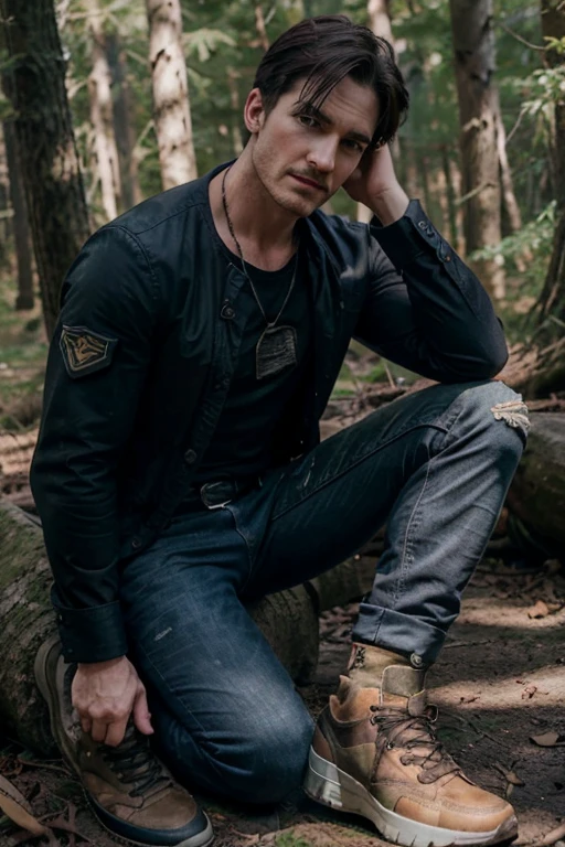 Colin O'Donoghue, Captain Killian, Teen Wolf, 30 years old, short and messy light black hair, blue eyes, black open military jacket, blue t-shirt with military print, brown jeans, brown sneakers, fox pendant, white wolf print. forest background fox aura around black color