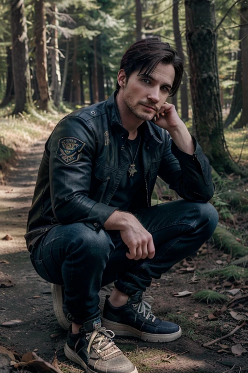 Colin O'Donoghue, Captain Killian,  Wolf, 30 years old, short and messy light black hair, blue eyes, black open military jacket, blue t-shirt with military print, brown jeans, brown sneakers, fox pendant, white wolf print. forest background fox aura around black color