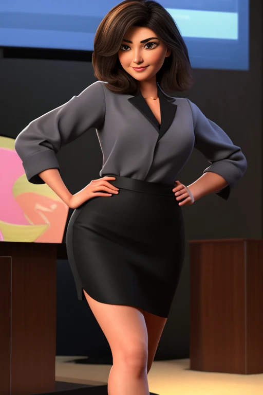 woman、Japanese、35歳のwoman教師、Cowboy Shot、slim、Beauty、Well-groomed face、Grey business suit with knee-length pencil skirt and deep slit in front、Walk towards the viewer、Watching the audience。Right hand outstretched、smile、Anatomically correct body