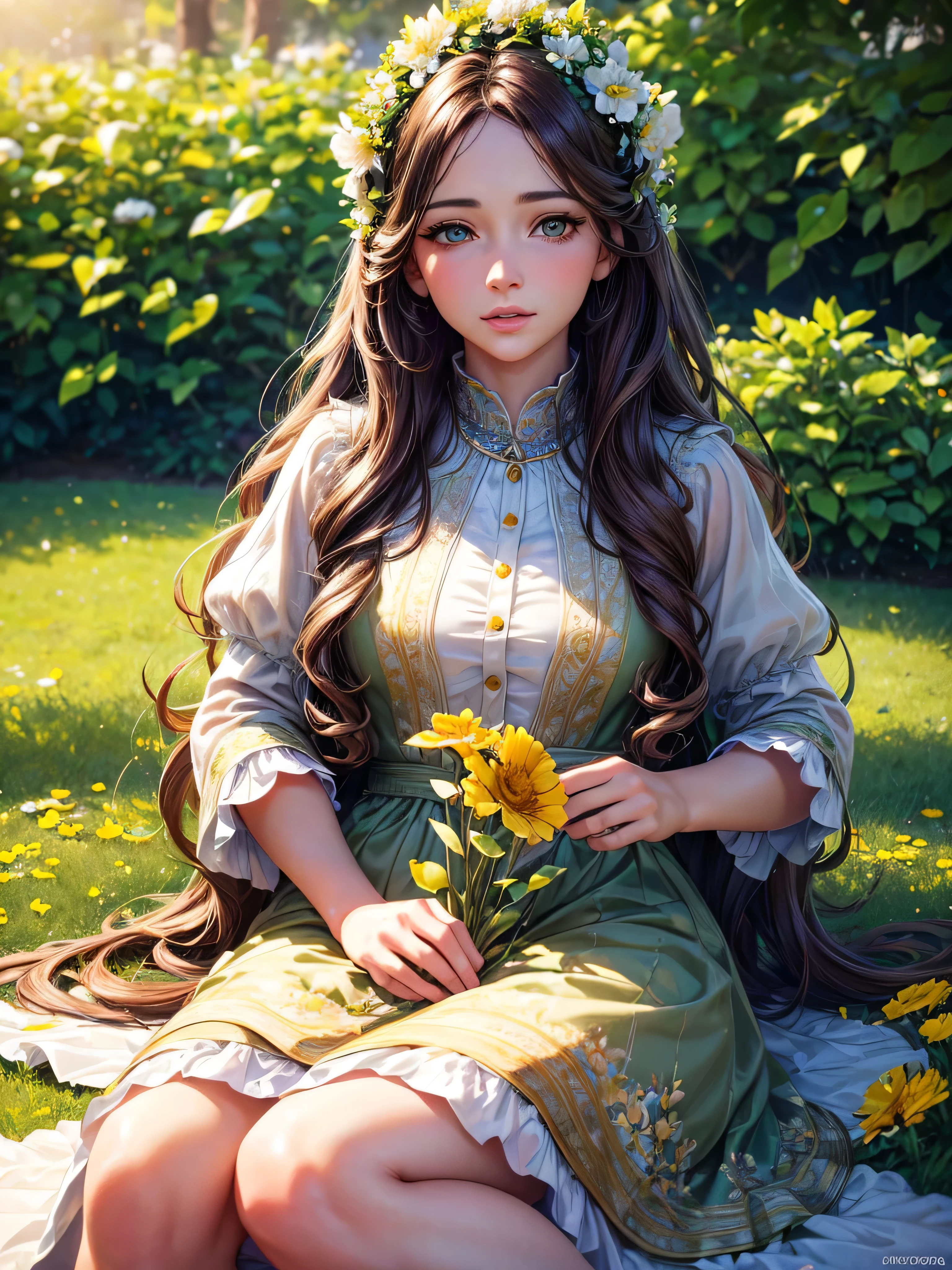 a beautiful detailed girl in a garden, long wavy brown hair, green eyes, flawless skin, detailed face, detailed lips, detailed eyelashes, flowery dress, sitting on the grass, surrounded by blooming flowers, serene and peaceful atmosphere, natural sunlight, vibrant colors, (best quality,4k,8k,highres,masterpiece:1.2),ultra-detailed,(realistic,photorealistic,photo-realistic:1.37),concept art
