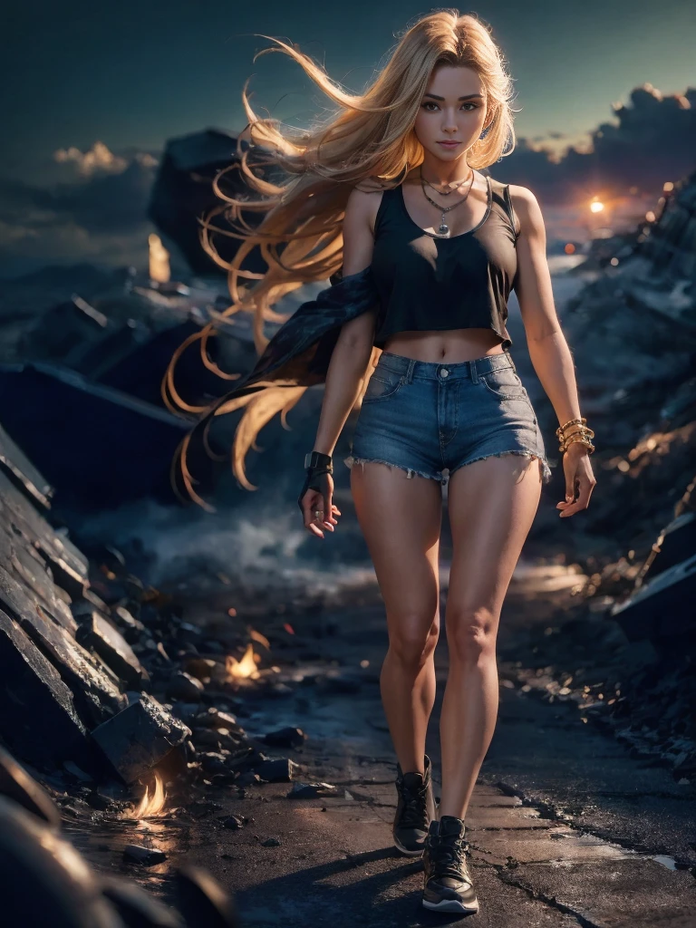 "(((masterpiece))), best quality, Ultra-fine CG unity 8k wallpaper, Depicted《Dragon Ball Z》中人造人 18 号身处ruins城市, permanent, Light Blonde Hair, White top and black vest, Blue Jeans, Orange socks, Black shoes, Black gloves, necklace, bracelet, Destruction and chaos, smokes, fire, ruins, dust, Strong shadows, Dramatic Lighting, moody atmosphere, A similar ending, giggle"