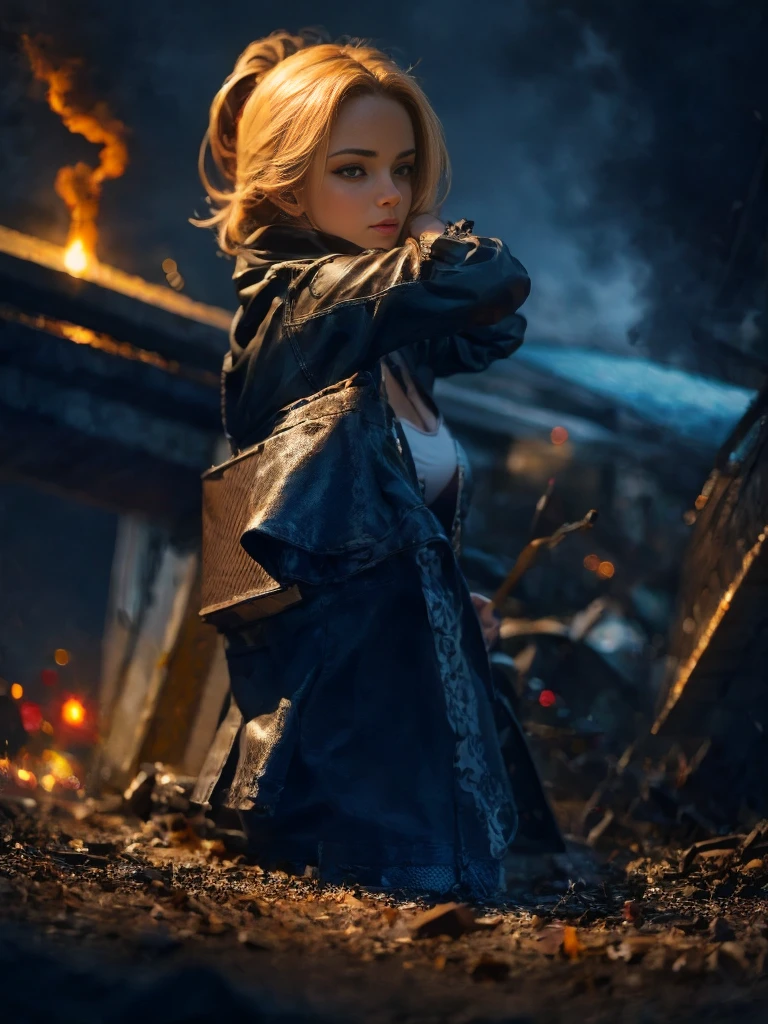 "(((masterpiece))), best quality, Ultra-fine CG unity 8k wallpaper, Depicted《Dragon Ball Z》中人造人 18 号身处ruins城市, permanent,  Light Blonde Hair, White top and black vest,  Blue Jeans, Orange socks, Black shoes, Black gloves, necklace, bracelet,  Destruction and chaos, smokes, fire, ruins, dust, Strong shadows, Dramatic Lighting, moody atmosphere, A similar ending, giggle"