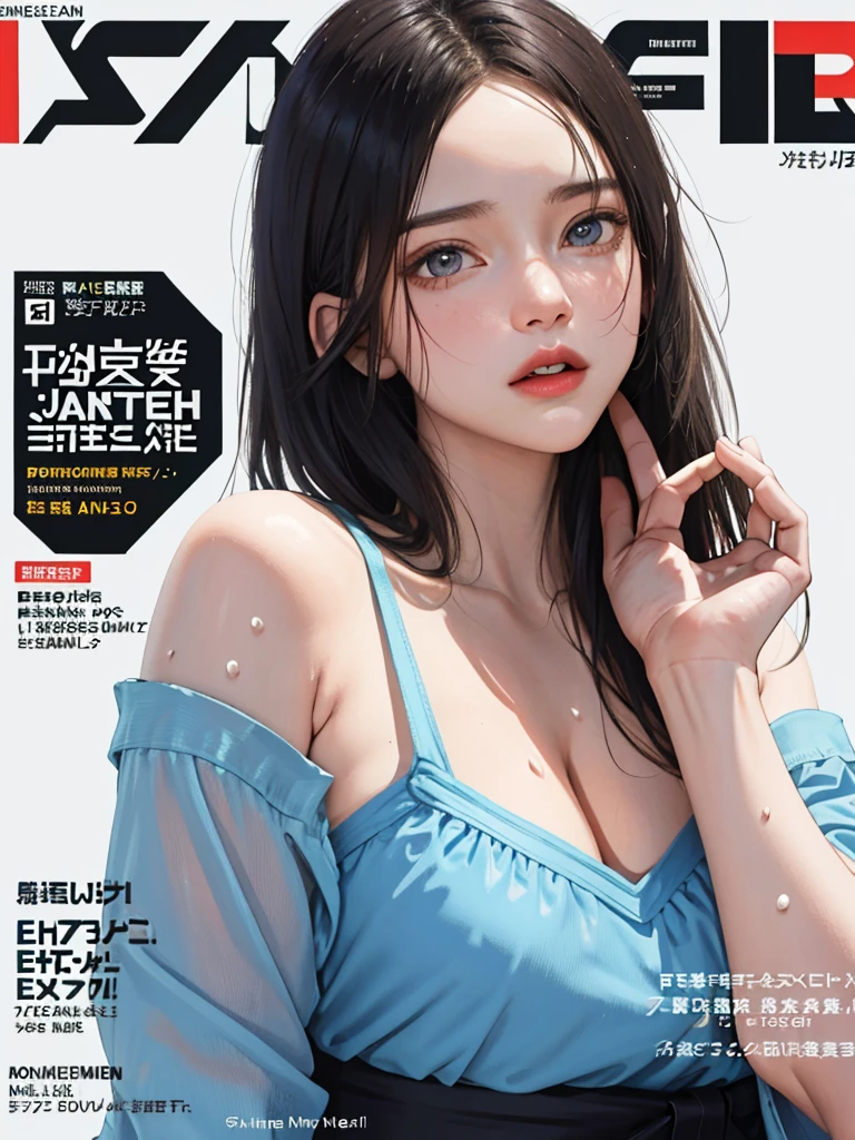 ((magazine cover)) masterpiece, best quality, Spring Clothing, Colorful hair, outdoor, magazine cover ,Upper Body, ((Jamie)) Jamie of street fighter. Good Hand, Large Breasts, sweaty skin,