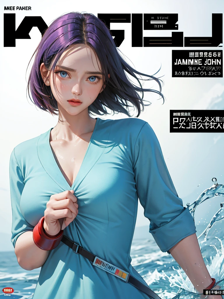 ((magazine cover)) masterpiece, best quality, Spring Clothing, Colorful hair, outdoor, magazine cover ,Upper Body, ((Jamie)) Jamie of street fighter. Good Hand, Large Breasts, sweaty skin,