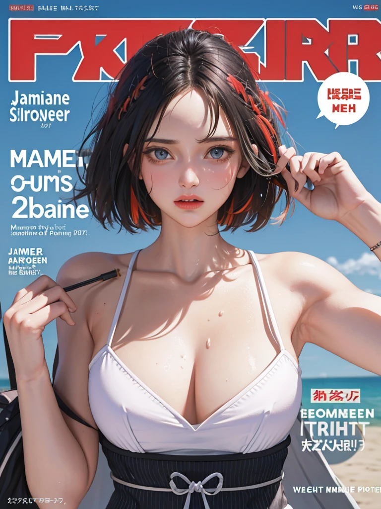 ((magazine cover)) masterpiece, best quality, Spring Clothing, Colorful hair, outdoor, magazine cover ,Upper Body, ((Jamie)) Jamie of street fighter. Good Hand, Large Breasts, sweaty skin,