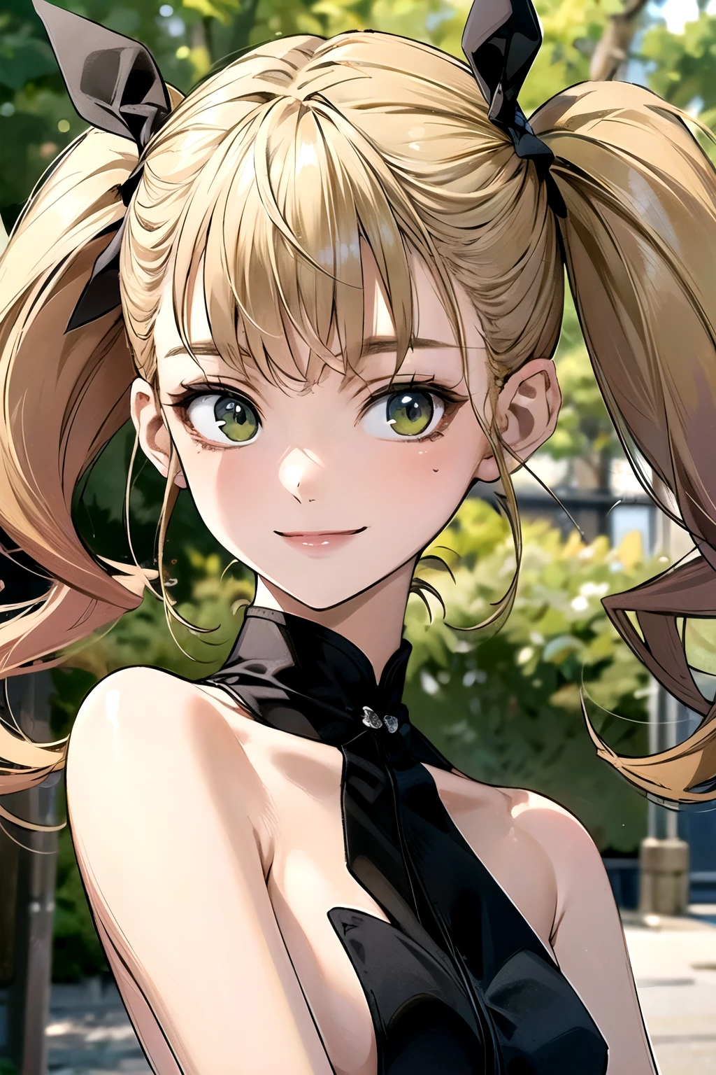 ((best quality)), ((masterpiece)), (detailed), perfect face. Asian girl. Blonde. Twintail. Black ribbon. Green eyes. Topless. Small breast. Smile.