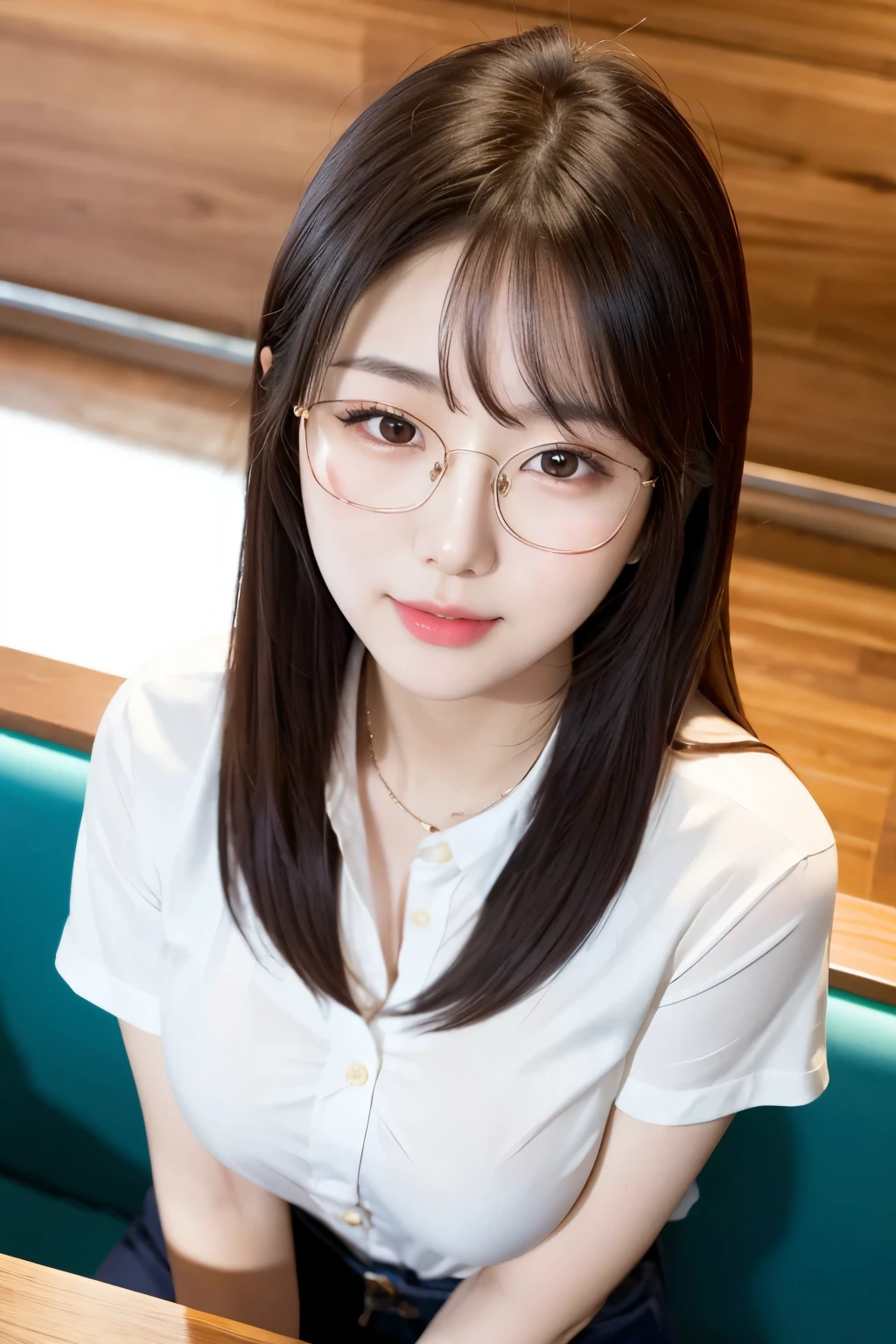 Korean sexy girl, (18 years old), in the coffee shop, dawn, glasses, busty, relaxed expression, (from top view), (masterpiece, best quality, extremely detailed, hyper realistic)