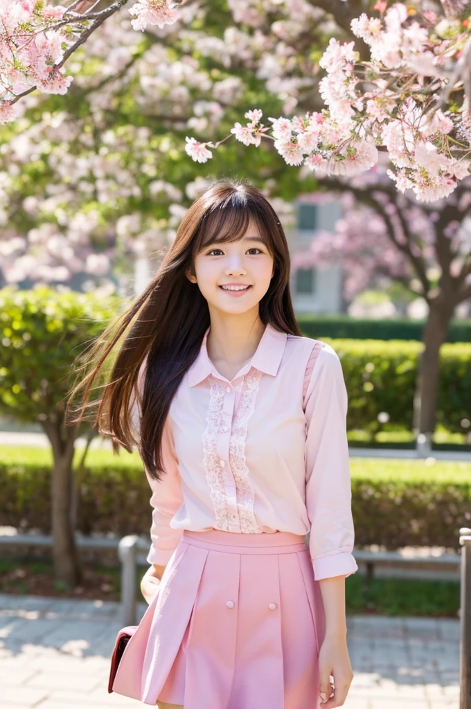 masutepiece, Best Quality, Illustration, Ultra-detailed, finely detail, hight resolution, 8K Wallpaper, Perfect dynamic composition, Beautiful detailed eyes, Natural Lip,a beauty girl、In the bright and refreshing spring sunshine、Imagine a female college student walking around campus.。.。.。She、She is wearing very mini pink skirt and a white lace blouse. one shirt button is missing。cute ponytail. she . the hair flutters with the wind、々He is depicted having a conversation with.。The cherry blossoms on campus are in full bloom、Green tree on background々々々There is a bench where students can gather...。She is carrying a soft light pink small backpack.、she has a pink notebook and a pink flower.。Her figure is、Expressing the image of a typical female college student enjoying learning and free time.