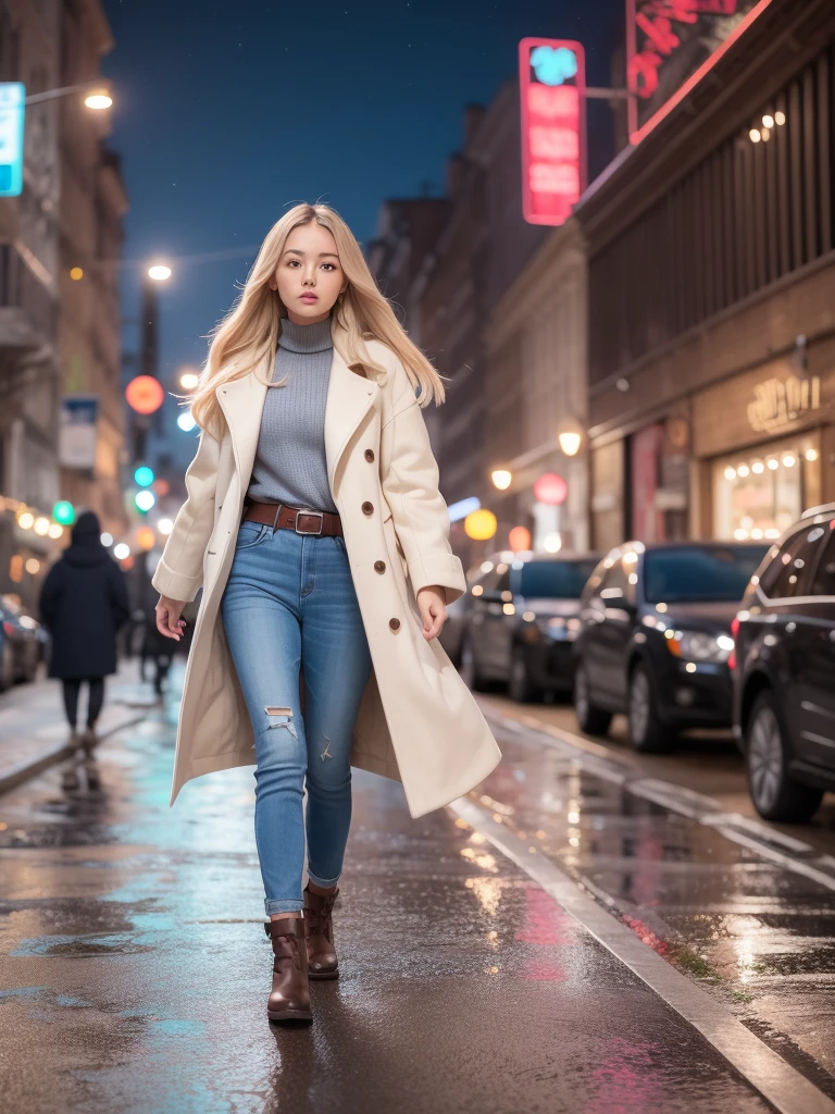 Woman with long blond hair, hapiness, White jeans, Long white coat, belt, bracelet, Leather Case, rivet, Walking on the city streets，There was an explosion behind me, night, poster.