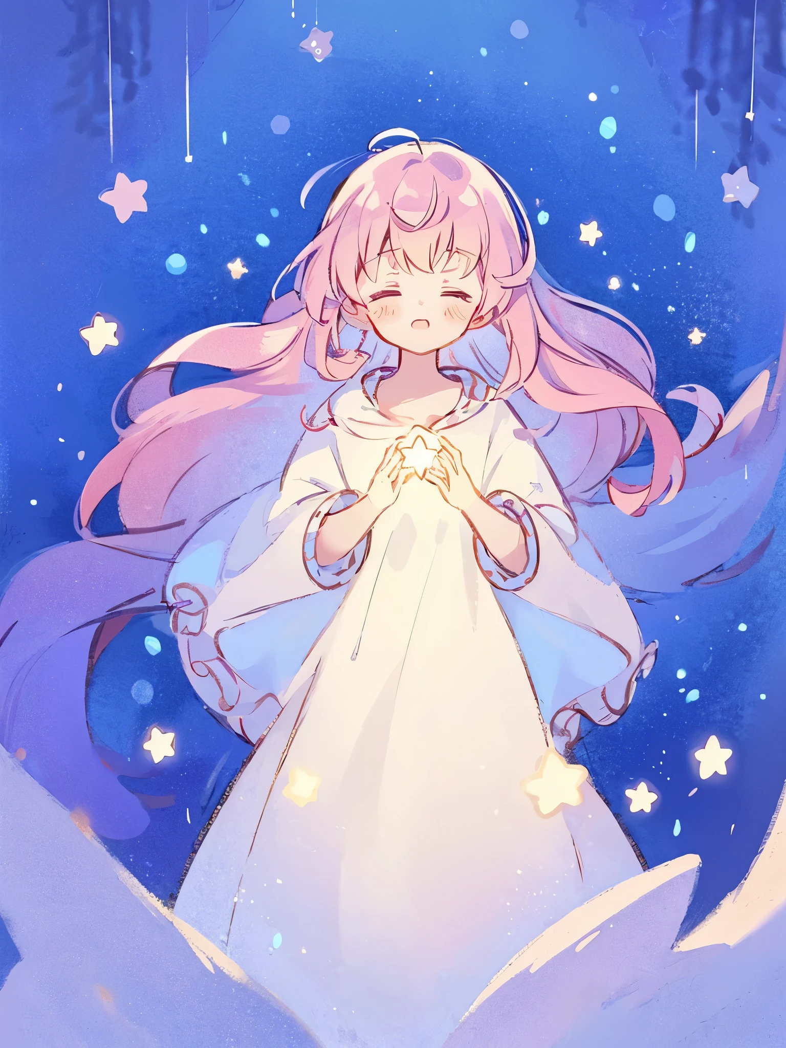 wishing star background, woman surrounded by flowing translucent fabric that reflects the stars, woman holding a glowing star in her hands, magical, complex drawing, highly detailed, ethereal, starry night, midjourney style