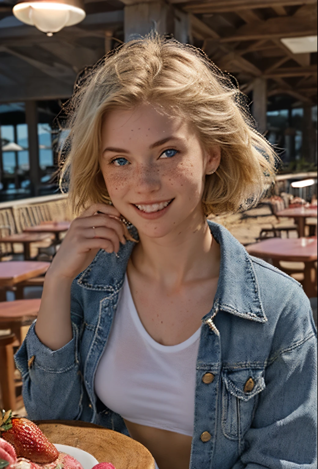 A 21 year old girl named Kate with short blonde hair, beautiful medium breasts, her height is 1.60, white British style, her eyes are light blue, Kate is beautiful, angelic face, has freckles in the nose area, Kate is wearing a beige leather women's jacket with a white shirt, kate wears a very light pair of jeans with white sneakers, Kate is sitting in a movie theater armchair with a bucket of popcorn on her lap paying attention to the movie, Kate is happy