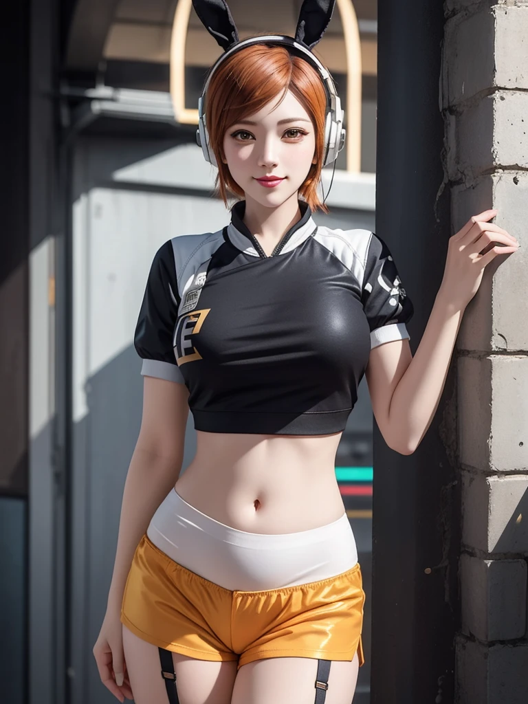 Gwen Tennyson,tracer,Yoha 2B,Yashtola Rul,Overwatch,NieR: Automata,eva pilot, Cyberpunk,Tattoo,Orange and silver plug set,White Short Sleeve Bomber Top,Orange lycra shorts,Garter belt,uncovered belly,short hair,cute makeup,Green Eyes,Dimensional golden hair,Sexy smile,freckle,beautiful girl,Large Breasts,8K,Super detailed, Practical,Fantasy Art,DJ ,Ear piercing,Punk outfits,Saiyan woman孩, Saiyan woman,White Short Sleeve Punk Jacket,Bunny headphones,dj mixer,Paint splash on wall,Dance,Bunny Suit,Colorful lights,show stage,