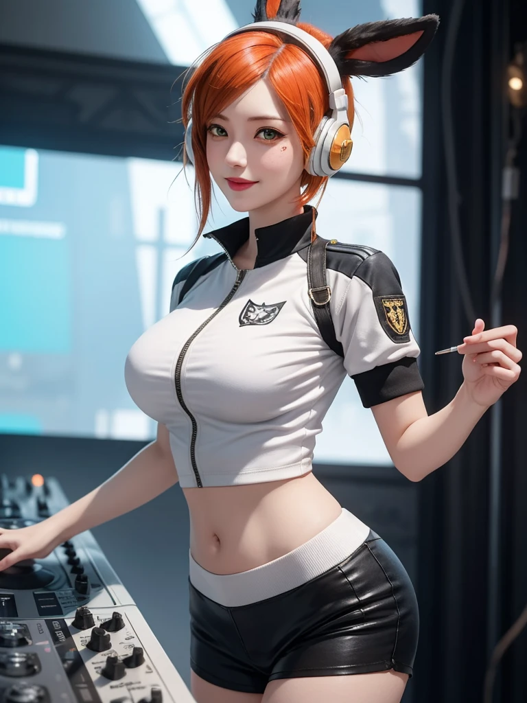 Gwen Tennyson,tracer,Yoha 2B,Yashtola Rul,Overwatch,NieR: Automata,eva pilot, Cyberpunk,Tattoo,Orange and silver plug set,White Short Sleeve Bomber Top,Orange lycra shorts,Garter belt,uncovered belly,short hair,cute makeup,Green Eyes,Dimensional golden hair,Sexy smile,freckle,beautiful girl,Large Breasts,8K,Super detailed, Practical,Fantasy Art,DJ ,Ear piercing,Punk outfits,Saiyan woman孩, Saiyan woman,White Short Sleeve Punk Jacket,Bunny headphones,dj mixer,Paint splash on wall,Dance,Bunny Suit,Colorful lights,show stage,