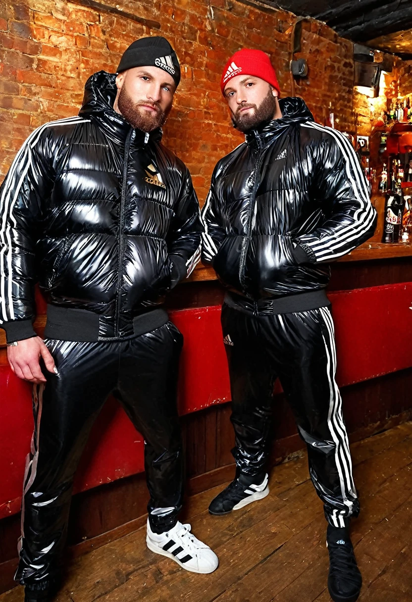 Graffiti urban style, portrait of medium body of two:chav guys handsome 30 year old Chavs,muscular and athletic,having a beer inside a bar in London, more scally men in the background, with beard, full red leather cap "adidas" in black shiny latex tracksuit++, ((low angle)), legs apart, dynamic pose, wearing a super inflated huge shiny black puffer jacket "Adidas",Extremely Realistic,depth of field:1.4, bulge, adidas tracksuit, detailed hand+, detailed hands+, perfect hand+, perfect hands+, masterpiece face+, masterpiece hands++, detaled hands, perfect hand, perfect body, perfect bulge, realistic, ultra textured skin, ultra textured cloth+, super ultra textured materials+, small details corrected, highly textured skin+, textured clothing+, perfect hands+, hands without fused fingers+
