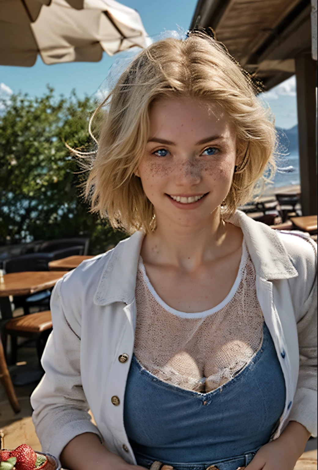 A 21-year-old girl named Kate with short blonde hair, beautiful medium-sized breasts, and a height of 1.60 meters. She has a white British style and light blue eyes. Kate is beautiful, with an angelic face and freckles around her nose. She is wearing light jeans with a denim jacket and a light-colored white t-shirt, along with All Star sneakers. Kate is in a very beautiful and well-lit restaurant, with a strawberry milkshake on the table. Kate is happy to be at her favorite restaurat.