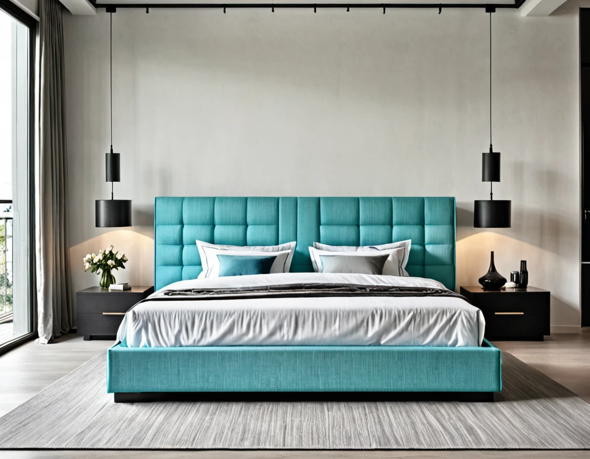 modern bed , view in front , cyan textile