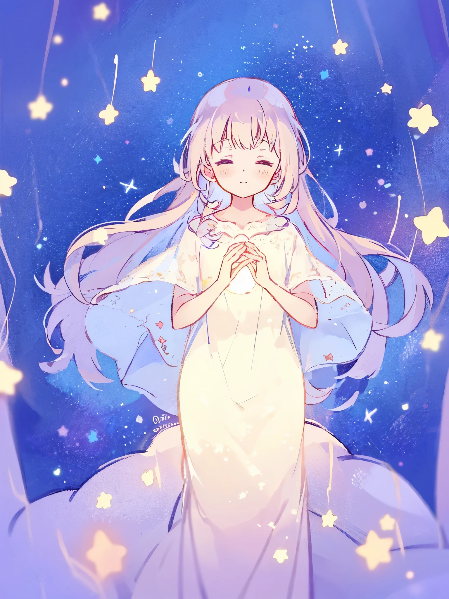 wishing star background, woman surrounded by flowing translucent fabric that reflects the stars, woman holding a glowing star in her hands, magical, complex drawing, highly detailed, ethereal, starry night, midjourney style