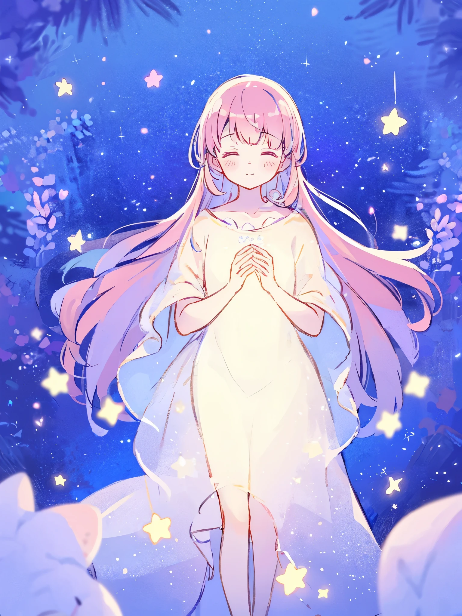 wishing star background, woman surrounded by flowing translucent fabric that reflects the stars, woman holding a glowing star in her hands, magical, complex drawing, highly detailed, ethereal, starry night, midjourney style