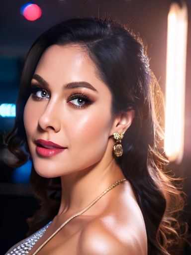 masterpiece, highest quality, (solo focus), (perfect face:1.1), (high detail:1.1), (hyper detailed eyes), 1 young sensual ultra hot Brazilian white pin up Girl , plump , plus cleavage , (pale skin), ethereal eyes look at the camera , (light eyebrows), solo, short wavy gray hair, JTiago Azevedo, night, expose breasts , showing arms, bluish sensual sexy transparent overall unbuttoned blouses , no bra, tightly cotton ripped short leggings, facing front , frontal view to camera , satisfied smirk look , city basement , detailed background, art by artgerm, cinematic lighting, neon lighting , modern design sexy seductive sensual retro style