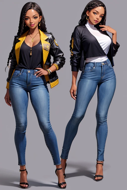 (full body:1;4), Beautiful 19 yo African woman. Fit, tall, perfect ass, shapely toned legs. Long braided hair. Friendly smile. Jacket, blouse, jeans, open toe heels.(joy)