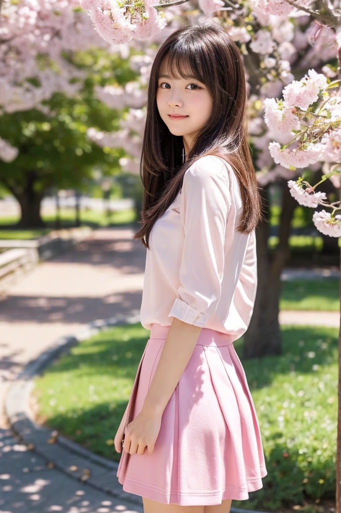 masutepiece, Best Quality, Illustration, Ultra-detailed, finely detail, hight resolution, 8K Wallpaper, Perfect dynamic composition, Beautiful detailed eyes, Natural Lip,a beauty girl、In the bright and refreshing spring sunshine、Imagine a female college student walking around campus.。.。.。She、She is wearing mini light pink skirt and a white lace blouse. one shirt button is missing。she 17 years old. the hair flutters with the wind、々He is depicted having a conversation with.。The cherry blossoms on campus are in full bloom、Green tree on background々々々There is a bench where students can gather...。She is carrying a soft light pink backpack.、she has a pink notebook and a pink pencil in his hands.。Her figure is、Expressing the image of a typical female college student enjoying learning and free time.、