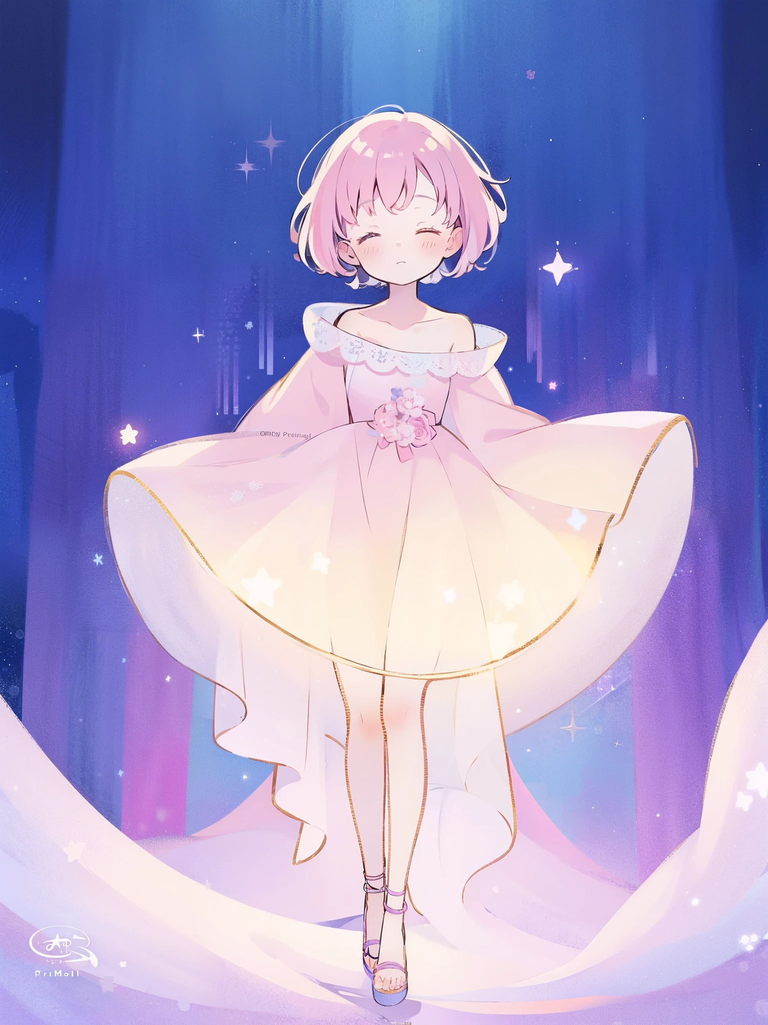 complex background, wishing star background, a woman wearing an ethereal mystical pink translucent dress that reflects the stars, perfume promo art, mystic, complex drawing, highly detailed, Covergirl brand, promo art, artistic rendition, ethereal, starry night, midjourney style