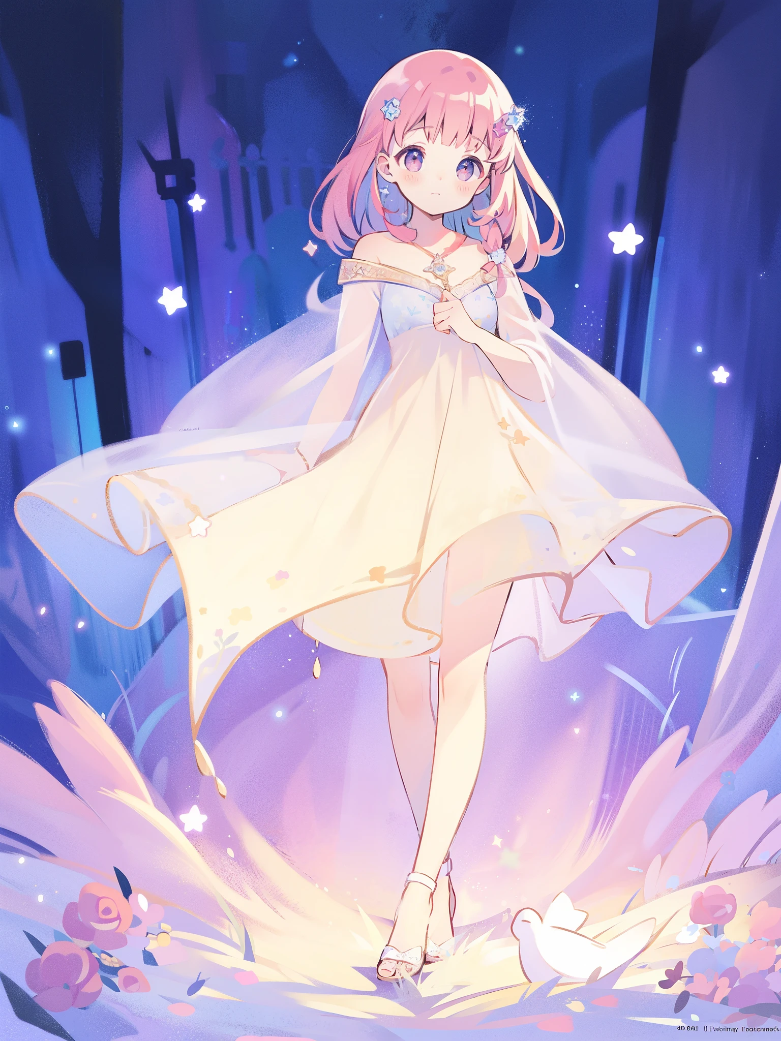 complex background, wishing star background, a woman wearing an ethereal mystical pink translucent dress that reflects the stars, perfume promo art, mystic, complex drawing, highly detailed, Covergirl brand, promo art, artistic rendition, ethereal, starry night, midjourney style