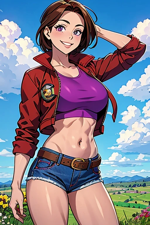 June, brown hair, purple eyes, (Wearing: Opened red jacket, crop-top, denim short shorts, belt and hiking shoes), (Thrilled smile),(Background: Outdoor, view of the grasslands, sky, clouds, day time), high quality,4k,