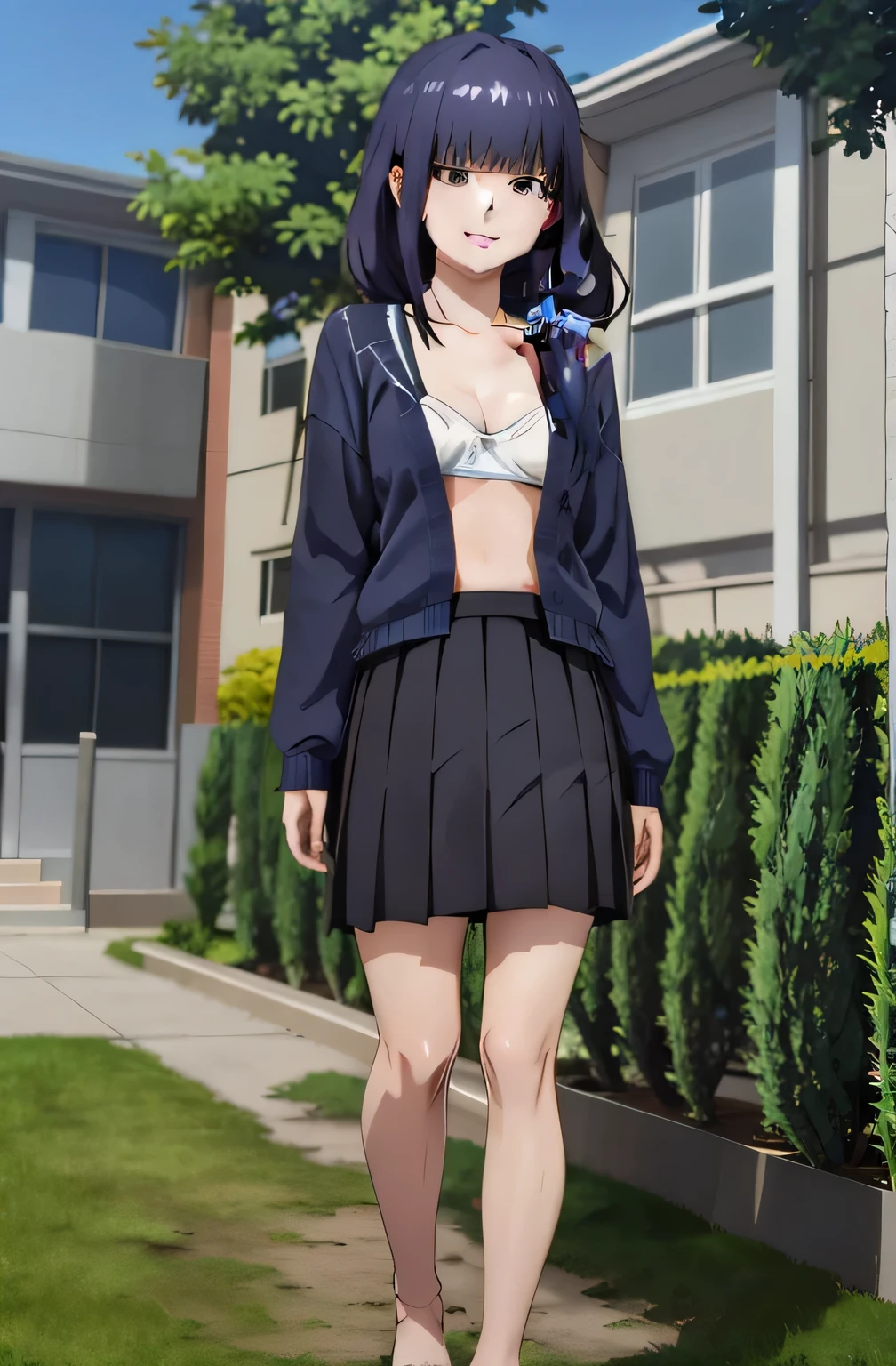 full body, 1girl, [cleavage], small breasts, nsfw, open clothes, [breasts out::3], gundou_misuzu-lp, evil smile, open mouth, purple hair, purple eyes, low ponytail, hair over shoulder, single sidelock, hair scrunchie, blue scrunchie, asymmetrical hair , hair strand, white small bra, white white thong, pleated skirt, park city, tree, grass, building, 
masterpiece, best quality,