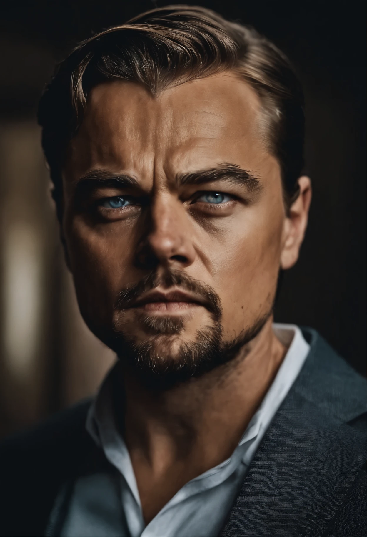 une photo de leonardo dicaprio centrée sur son visage, sawn eyes, Real picture. ultra realistic, 8k, mega realistic, fond sombre, expression of anger, pluie