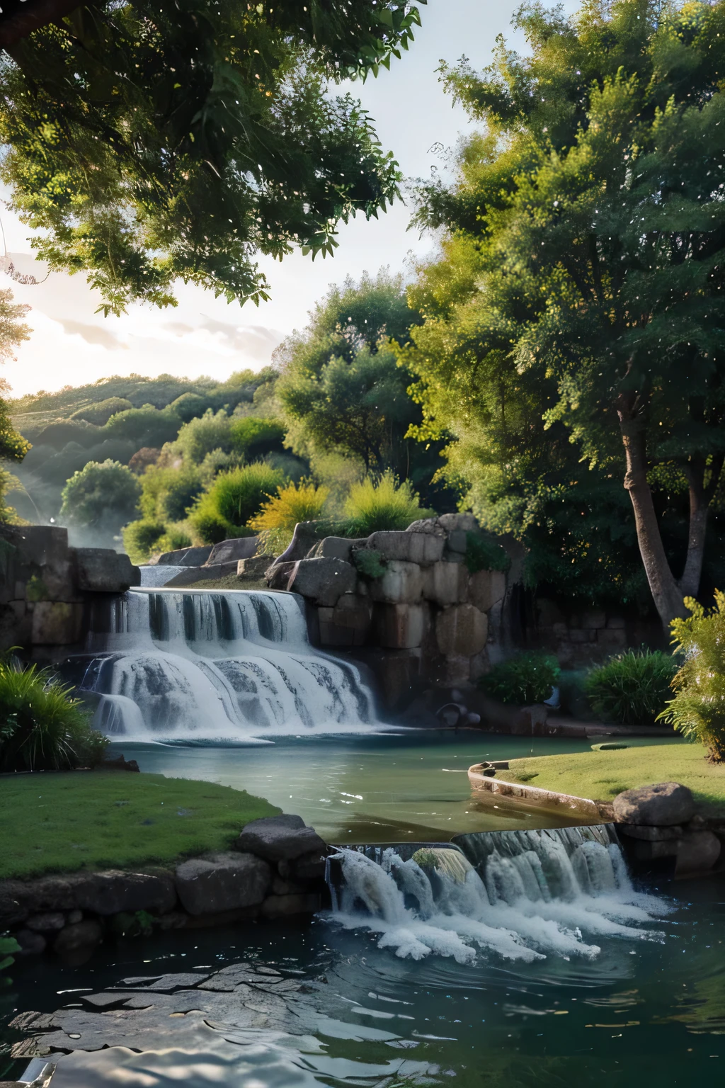 Make me an image that is for a logo of a river that has a fountain in a beautiful landscape like paradise 