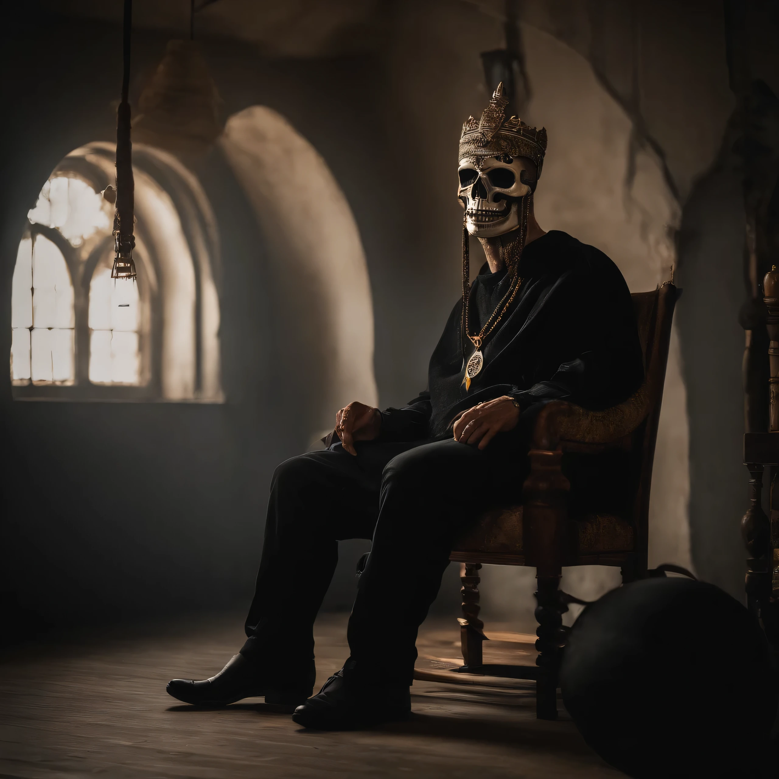 create a man with a skull mask sitting on a throne with a cord around his neck with a pendant written capetao