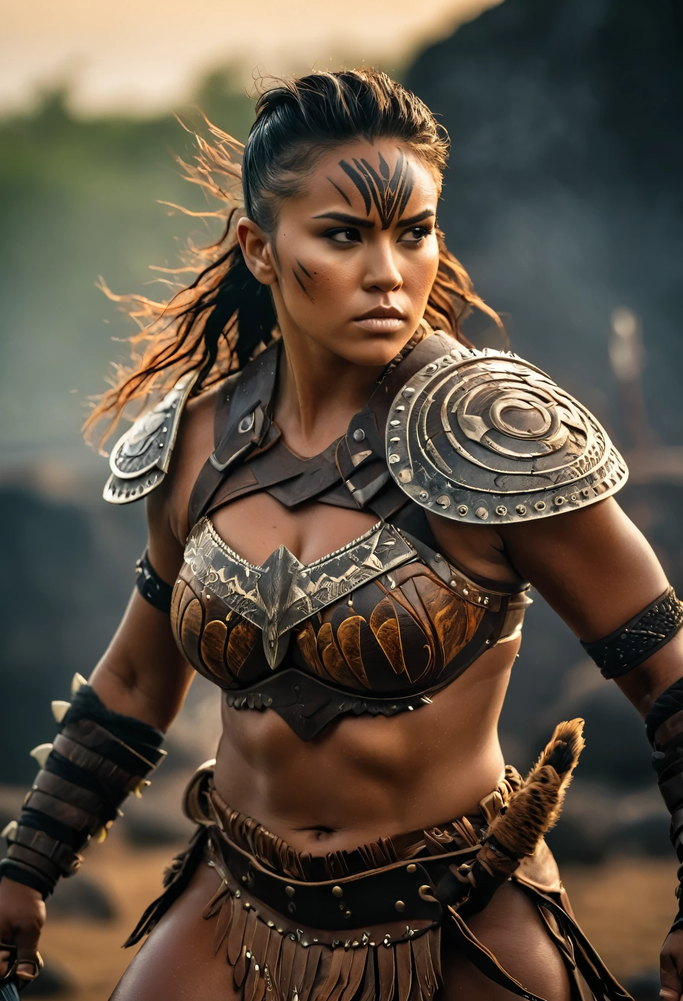 Foto RAW, Thick figure, Heavy physique, ((best quality)), ((masterpiece)), (detailed), perfect face, Envision a savage female barbarian warrior, her Brave dominance in the battlefield as she unleashes her fury upon her foes. Her armor should be adorned with tribal markings and symbols, representing her connection to her ancestral heritage, (pele altamente detalhada: 1.2), 8k UHD, DSLR, soft-lighting, alta qualidade, grain of film, Fujifilm XT3