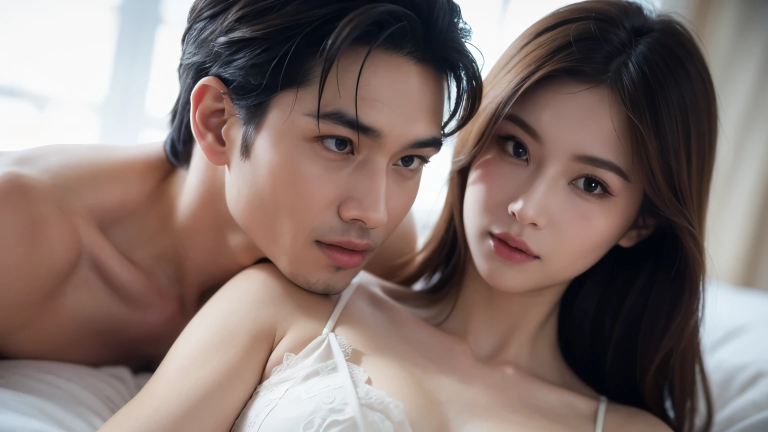 1 Man and 1 woman, couple, Realistic, 8k, masterpiece, RAW photo, best quality, photorealistic, extremely detailed CG unity 8k wallpaper, Depth of field, Cinematic Light, Lens Flare, Ray tracing, (extremely beautiful face, beautiful lips, beautiful eyes), intricate detail face, ((ultra detailed skin)) high quality, ((best quality)), ((masterpiece)), (detailed), perfect face, sexy asian couple in bed