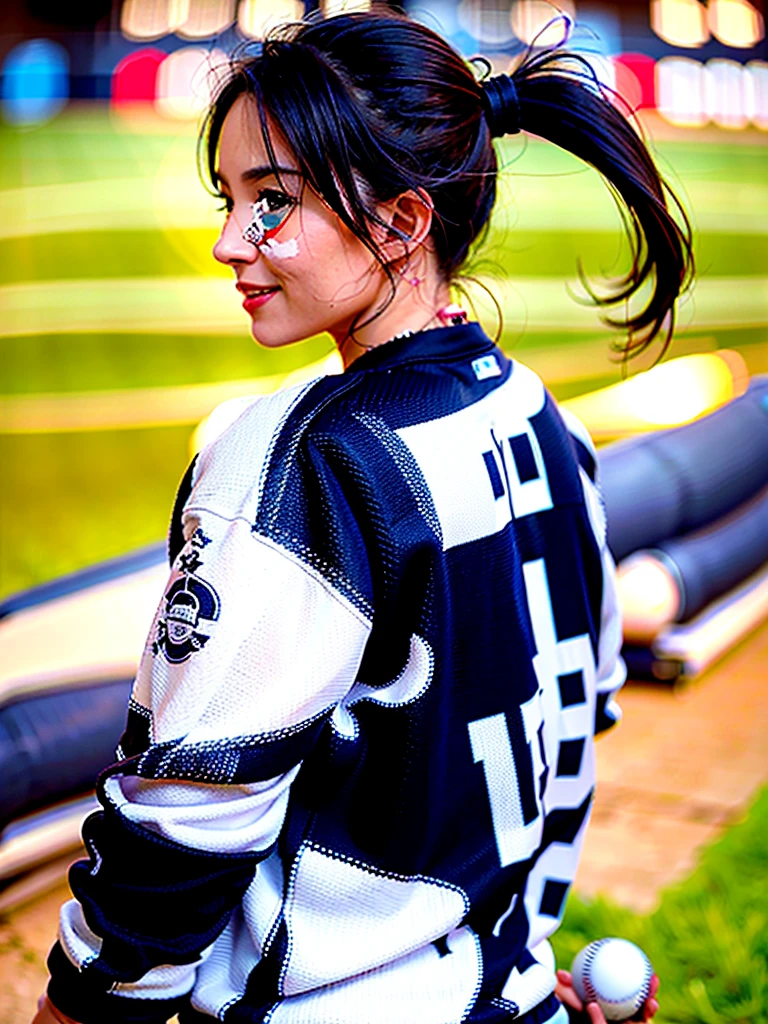 ((白色棉质Baseball uniform)),((白色棉质Baseball uniform)),((白色棉质Baseball uniform)),((白色Baseball uniform)),((紧身Baseball uniform)),(((Smile:1.0, Smiling:1.0 ))), 1 Girl, Solitary, cosmetic, high resolution, Huge tits:1.4, Looking at the audience, Smile, black ponytail, clavicle, Long gray hair, ,Heart,Lips slightly open, Black eye, taihou\(Azur Lane\), Ponytail,Baseball uniform,Baseball bat in hand,Hitting action,Perfect body,(Shiny skin),During the day,Detailed background,Baseball Field,SFW:1.8,