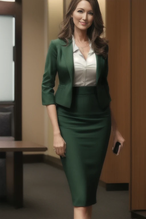 woman、American、35歳のwoman教師、Cowboy Shot、A beautiful woman with a slender figure、Green business suit with knee-length pencil skirt and deep slit in front、Walk towards the viewer、Watching the audience。smile、Anatomically correct body